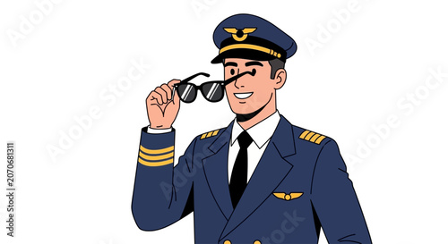 Pilot holding sunglasses, wearing uniform and cap