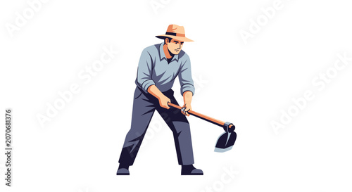 Hardworking Farmer Tending to Soil with a Hoe Illustration