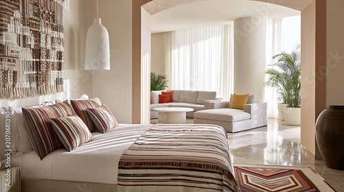 ultra wide angle showing bedroom and a small lounge corner in the same frame, travertine stone, light oak, woven textures, sheer linen curtains.
