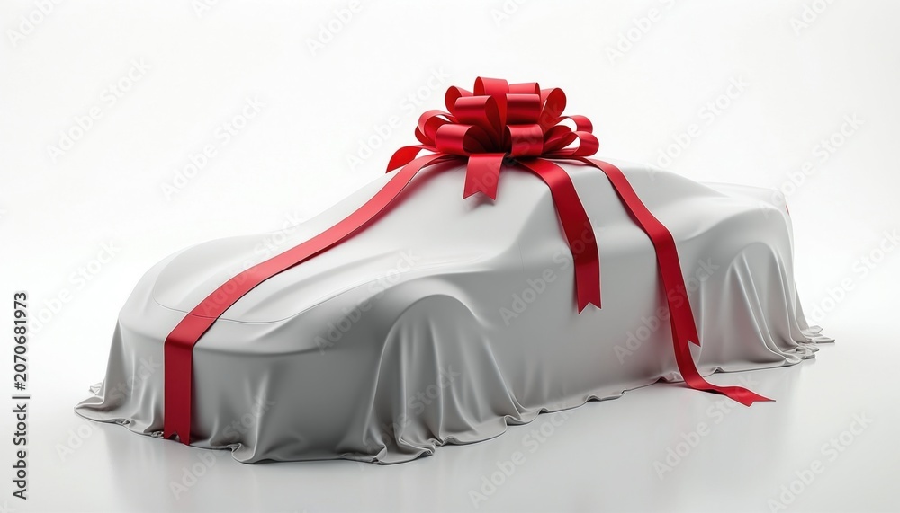 Fototapeta premium New car covered in white fabric with red ribbon bow. Automotive gift, surprise unveiling, luxury present in clean studio setting. Prize reveal for celebration event.