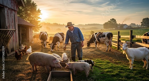 Farmer feeding cattle in rural farmyard at sunset.