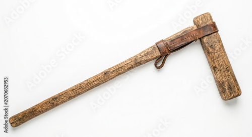 Ancient Handcrafted Wooden Tool with Leather Straps
