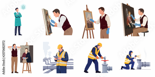 Foto Set of professional people at work illustrations featuring art restorers cleaning paintings, industrial engineers with pipes, and science researchers in flat design style