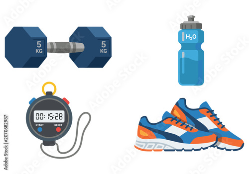 Fitness equipment and accessories for exercise and workout routine  dumbbells sneakers stopwatch water bottle