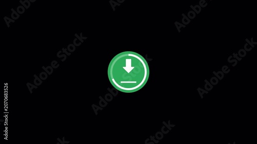 Downloading bar complete animation, Circular black and white download button animation, downward pointing arrow motion graphic, app download screens,downloading icon sign button with  check mark.