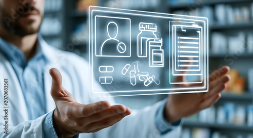 Pharmacist doctor hand with digital telemedicine consultation interface hologram and online pharmacy prescription medicine patient medication data service remote health advice system