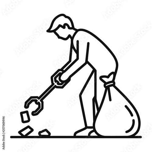 Man Picking Up Litter with Grabber Tool Vector Illustration