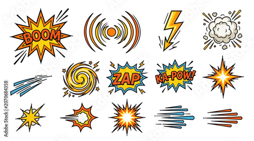 Comic Book Sound Effects Icons: Boom, Zap, Ka-Pow, Lightning, Speed Lines