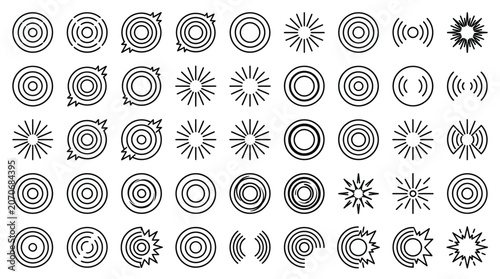 Concentric Circles & Sunburst Icons: Abstract Graphic Elements Collection