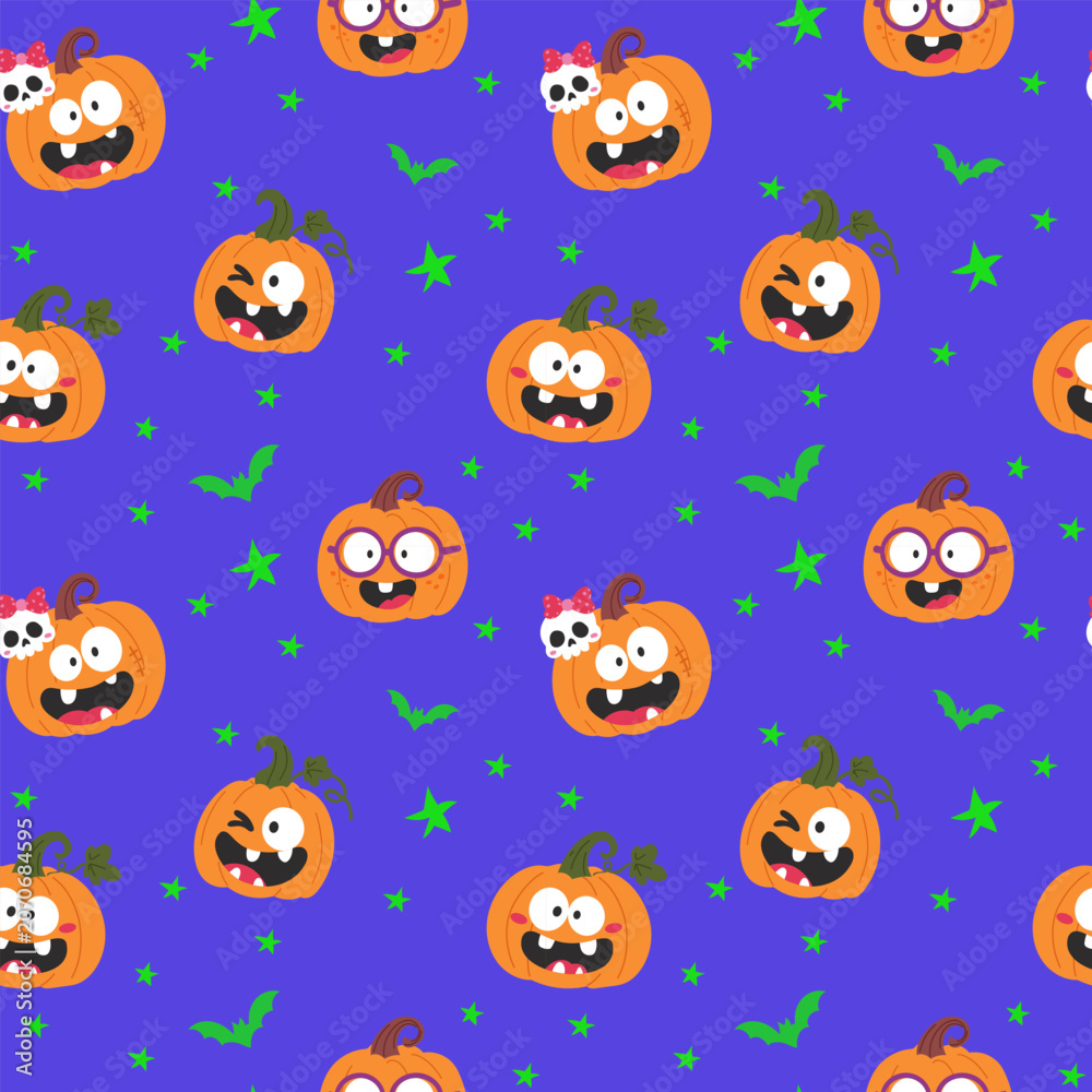 Fototapeta premium Halloween seamless pattern with pumpkins with funny faces, stars and bat silhouettes. Vector illustration for wrapping paper, textile, seasonal and party decor