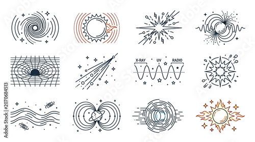 Cosmic phenomena icons: black hole, sun, nebula, wave, galaxy, star cluster