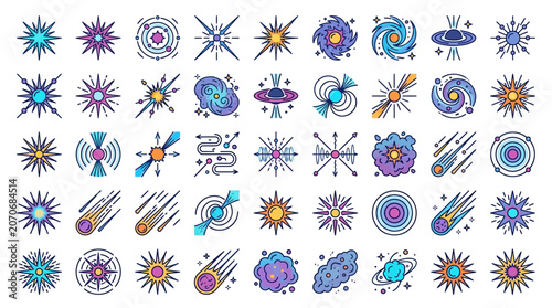 Cosmic Phenomena Collection: Stars, Galaxies, Nebulae & Meteors - Vector Icons