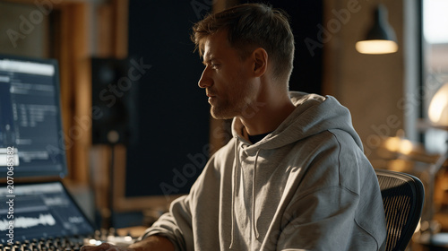 Music producer seated in a soundproof studio booth adjusting algorithmic composition parameters on a touchscreen interface, melodic waveforms shifting in response, an AI music