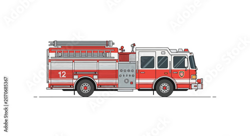 Canvastavla Side view flat illustration of a red and white emergency fire truck on white background