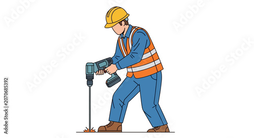 Construction worker in safety vest using a power drill on a white background.