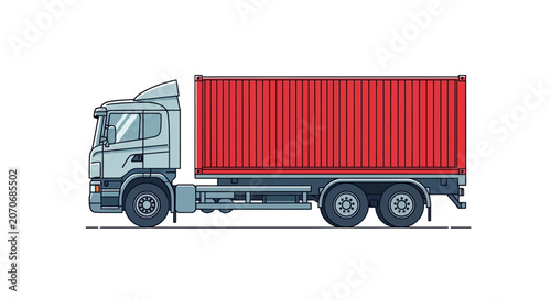 Flat vector illustration of a semi-trailer truck carrying a red shipping container.