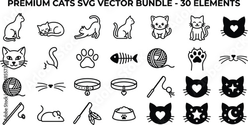 Premium cats SVG vector bundle of 30 feline icon elements with whiskers