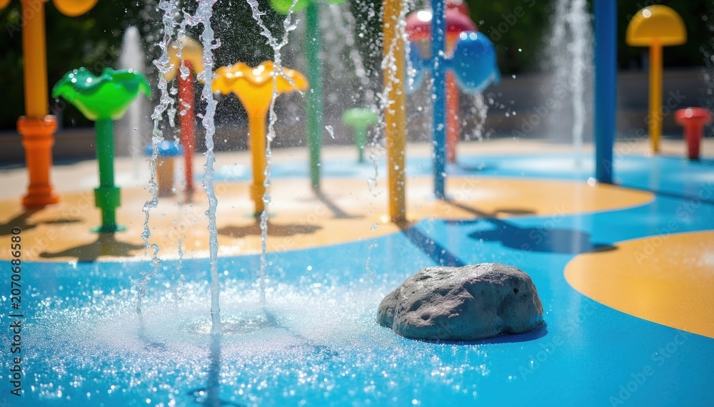 Fototapeta premium Colorful splash pad offers water fun with fountains and sprayers. Children play joyfully in wet summer park. Safe outdoor activity area for kids enjoyment.