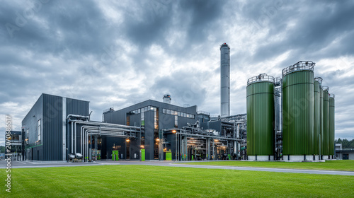 Industrial facility with green storage tanks and chimney. Biogas production cogeneration plant.