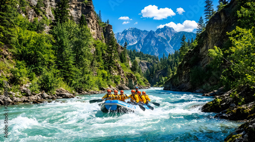Group of people white water rafting on a fast river through a beautiful green mountain canyon on a sunny summer day