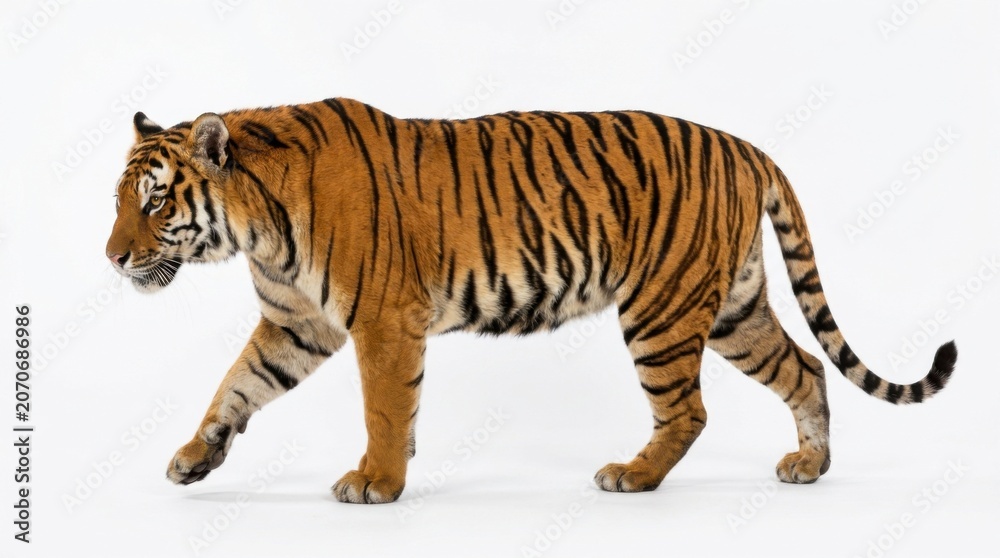 Obraz premium Bengal tiger walking side view isolated on white background
