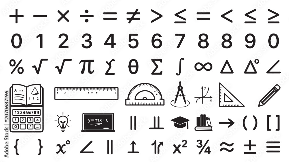 Obraz premium Mathematics symbols and algebraic equations arranged in a grid display essential arithmetic operators and geometry tools for educational purposes.