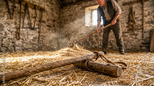 Traditional Grain Threshing in a Stone Barn