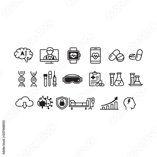 Digital Healthcare, Medical AI, and Health Technology Line Icons Set, Thin Outline Vector Illustrations for Telemedicine, E-Health, and Medical Research Concepts