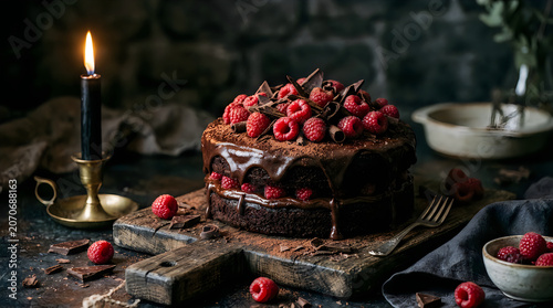 A delicious dark chocolate cake topped with fresh red raspberries on a rustic wooden board with a lit candle for a cozy mood