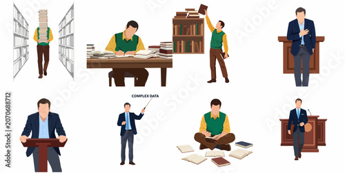 Foto Flat vector illustration set of a professional man in academic, educational, and