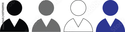 User avatar vector illustration, profile icon of person, abstract male head and shoulders with solid, striped, outline, and colored styles.