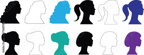 Bild auf Leinwand Female profile vector illustration, woman head silhouette, diverse hairstyles and colors: black, outline, blue, teal, purple, showcasing elegance