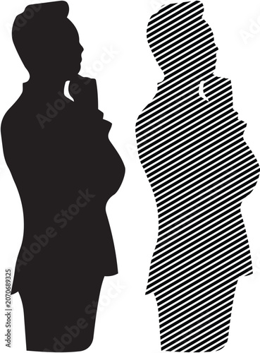 Thinking businessman silhouette vector illustration in profile view featuring solid black and striped texture versions for creative concept and decision making designs.