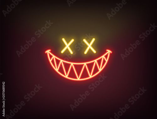 Outline neon evil smile, red yellow. Neon evil joker smile with cross on eyes and sharp teeth, monster grin. Emoji with evil sneer, devil smile, scary demon mouth, creepy gamer emoticon. Vector