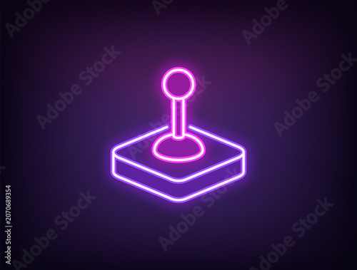 Outline neon control joystick, violet magenta. Neon arcade joystick, game joypad, control lever. Gaming stick handle, retro controller, vintage control console, manipulator handle. Vector
