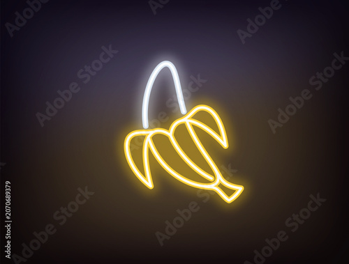Outline neon banana, yellow white. Neon banana fruit with opened peel, outline silhouette. Ripe tropical fruit, banana garden, organic food, fruit diet, summer vitamins, health food. Vector