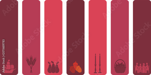 Photos A series of vertical banners in shades of red and burgundy, each featuring a silhouette of a historical or harvest-related icon