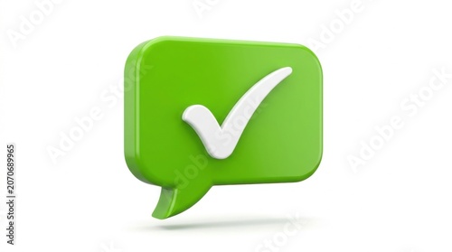 Green speech bubble icon with white checkmark isolated on white