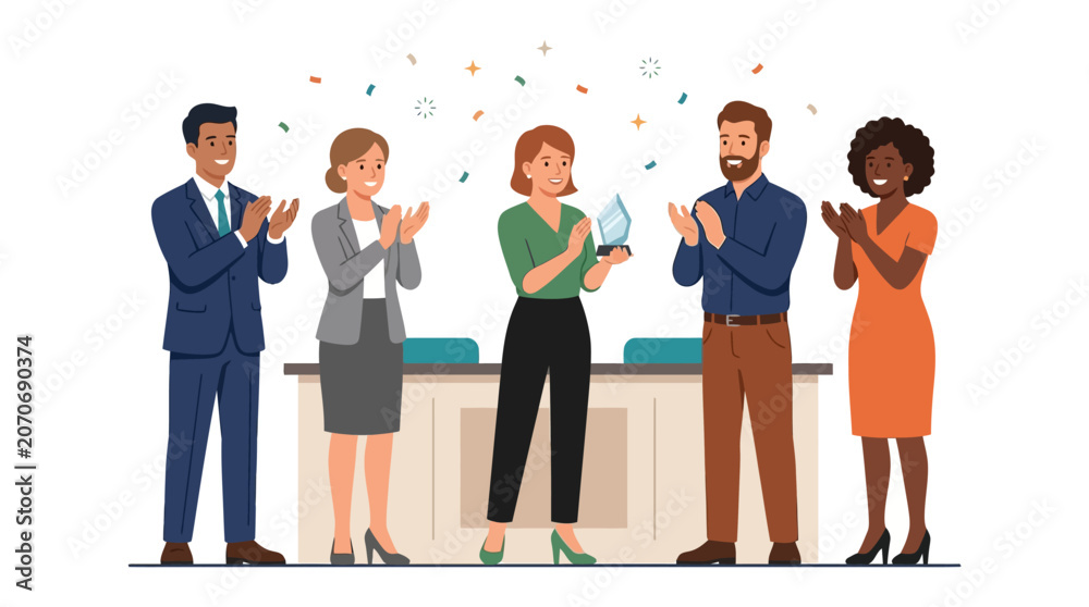 Obraz premium Business Award Ceremony: Diverse Team Clapping for Colleague Receiving Trophy