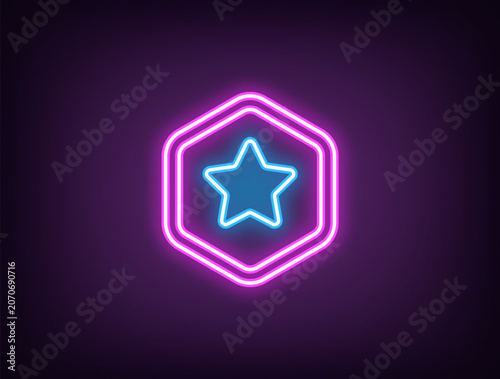 Neon crypto token with star icon. Outline neon star token icon, magenta blue. Crypto coin prize, win virtual money, game reward, digital token and altcoin. Vector