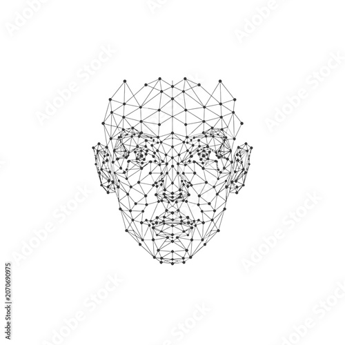 Abstract Polygonal Wireframe Human Face in Data Grid Structure, isolated white background