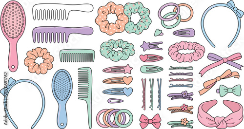 Canvastavla Cute hair accessories vector set, comb brush scrunchie headband bobby pin bow do