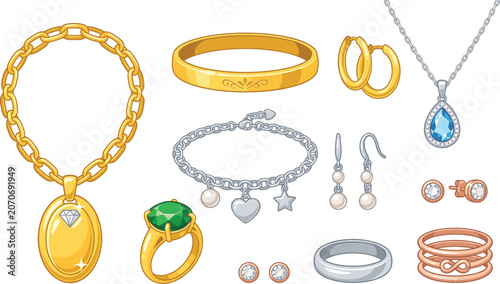 Golden jewelry collection items vector set, gold ring necklace earrings bracelet crystal diamond accessory design