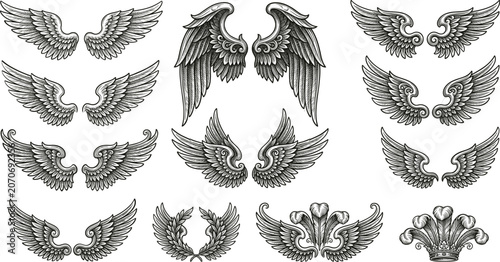 Cuadro en lienzo Vintage angel wings engraving sketch vector set, heraldic eagle feathers tattoo