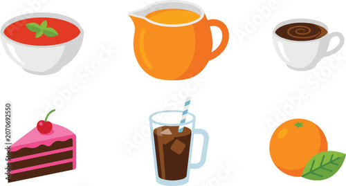 Food and beverage collection featuring soup juice coffee cake orange and refreshing drink illustrations