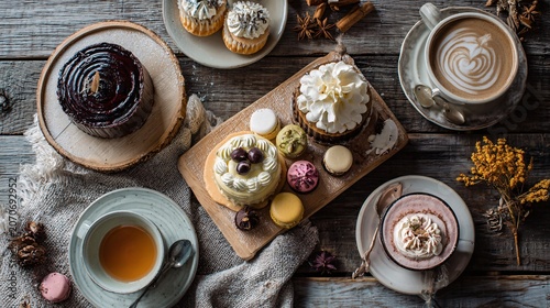 Assorted gourmet cupcakes and beverages on rustic wooden table with autumn decorations