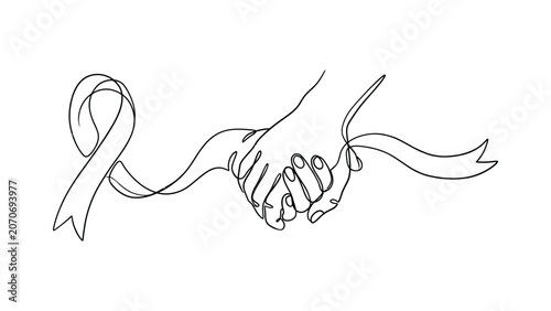 Schilderij op canvas Continuous line drawing of two hands holding each other with a cancer awareness ribbon