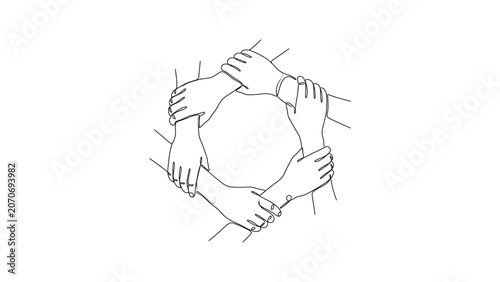 Foto Line art illustration of multiple hands joined together in a circle representing teamwork