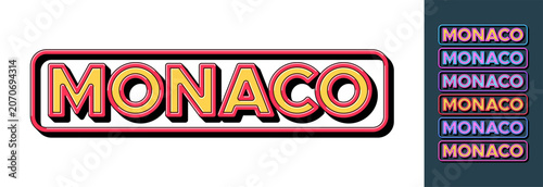 Text Monaco in 3D style, small principality in south of France. Monaco city in Europe, framed text icon set. Isolated word Monaco with isometric letters in pop art style, vector set