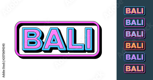 Text Bali in 3D style, tourist island of Indonesia. Bali Island in Malay Archipelago, framed text icon set. Isolated word Bali with isometric letters in pop art style for graphic design, vector set